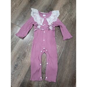 Ribbed Baby Romper Lace Collar Long Sleeve Button Up Bodysuit 6-12‎ Months #R